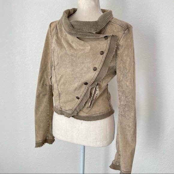 FREE PEOPLE COWL NECK BUTTON UP MOTO MILITARY JEAN JACKET SMALL - Picture 3 of 7